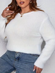 Lace Stitching Crew Neck Fuzzy Sweater, Casual Tied Back Long Sleeve Pullover Sweater, Women's Clothing