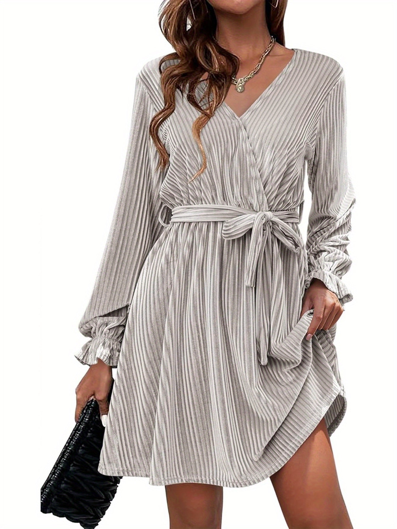 Womens Wedding Guest Dresses V Neck Wrap Dress with Belt Ruffle Lantern Sleeve Velvet Wrap Dresses