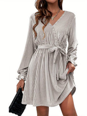 Womens Wedding Guest Dresses V Neck Wrap Dress with Belt Ruffle Lantern Sleeve Velvet Wrap Dresses