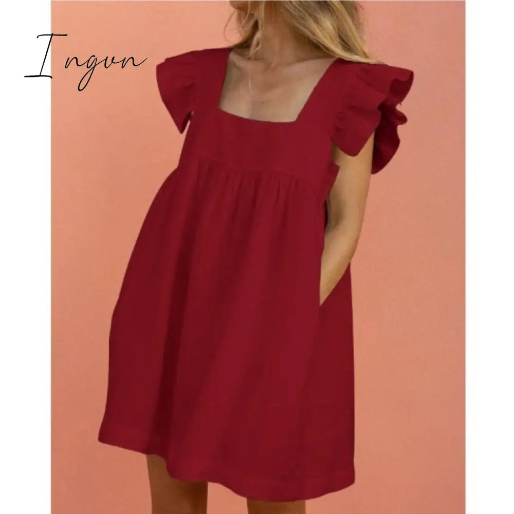 Ingvn - Women Autumn Spring Vintage Mini Cupcake Dress V Neck Long Lantern Sleeve Back With Ruffles Korean Style Elegant Red Dress