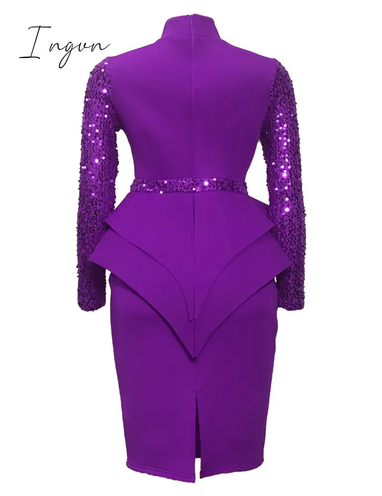 Ingvn - New arrival spring sexy lady 3 colors mid dress zipper fly ruffles bud dress full sleeve slivers office lady new dress
