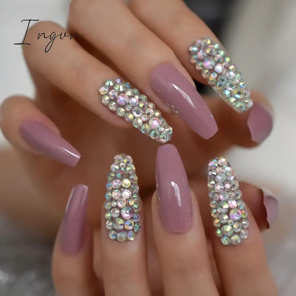 Extra Long Stiletto Press on False Nails Full Cover 3D Rhinestone Fake Nails Manicure Nail Art Tips Set for Wedding Party
