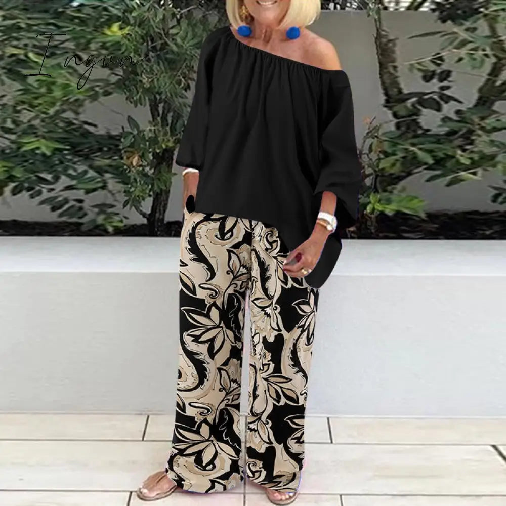 Ingvn - Pants Sets Fashion One Shoulder 3/4 Sleeve Tops Floral Print Wide Leg Trouser Women Two Piece Sets Casual Loose Suit