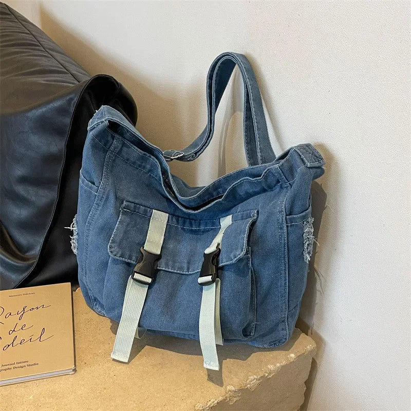 Ingvn  Large Capacity Denim Messenger Bag for Women Crossbody Bag for Students Single Shoulder Tote Bag for Class