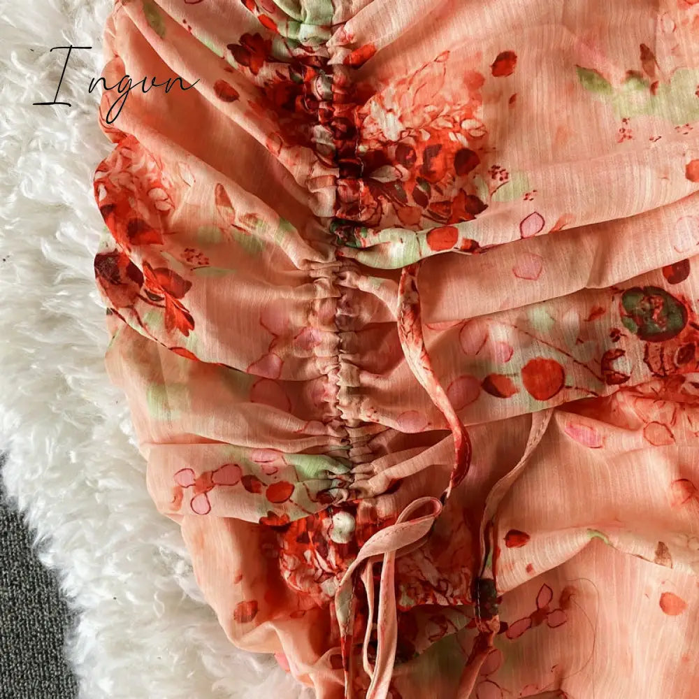 Ingvn - Vintage V-Neck Printed Chiffon Drawstring Mermaid Midi Dress Women Elegant High Waist Ruffle Vestidos Fashion Spring Summer