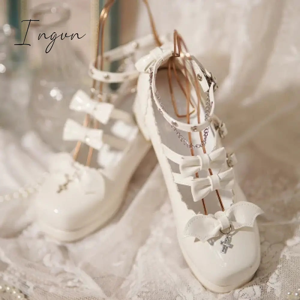 Ingvn - Lolita Sweet Girl Shoes Elegant Square Head High Heel Japanese Leather Shoes Cross Little Devil Bat Cosplay Cos Lolita Loli