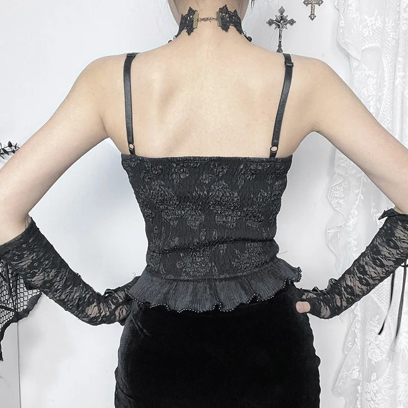 Gothic Retro Jacquard Bead Pendant Vest Women's Grunge Sexy Backless Tank Tops E Girl Crop Tops Party Clubwear