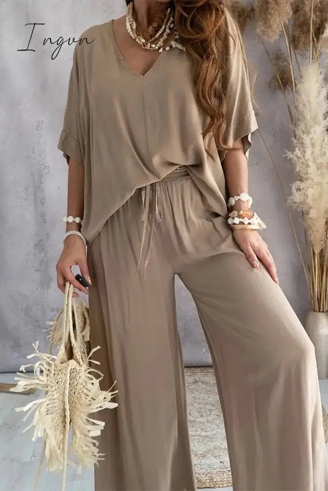 Ingvn - Casual Print Patchwork V Neck Half Sleeve Two Pieces(9 Colors)