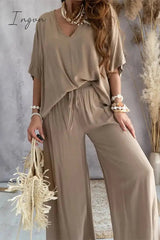 Ingvn - Casual Print Patchwork V Neck Half Sleeve Two Pieces(9 Colors)