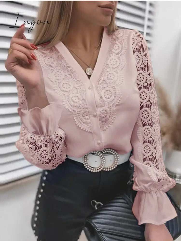 Ingvn - Elegant Women's Blouse Vintage Lace Spliced Long Sleeve Pink Button Up Woman Shirt Tops Fashion Casual Ladies Blouses Top