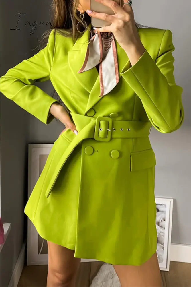 Ingvn - Casual Solid With Belt Turn-back Collar Outerwear