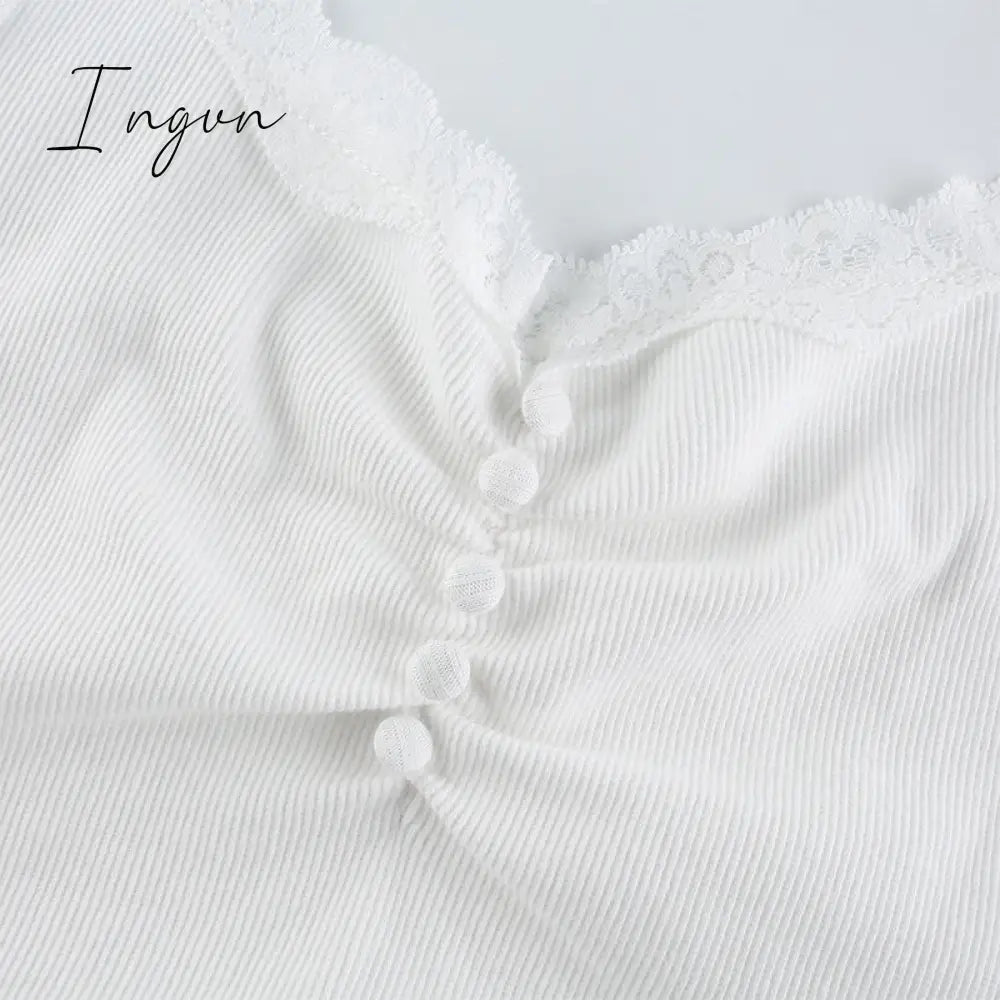 Ingvn - Womens Fashion Streetwear Lace Patchwork Summer White Tank Top Women Home Y2K Fashion Leisure Outfit Basic Casual Crop Tops Kawaii Clothes