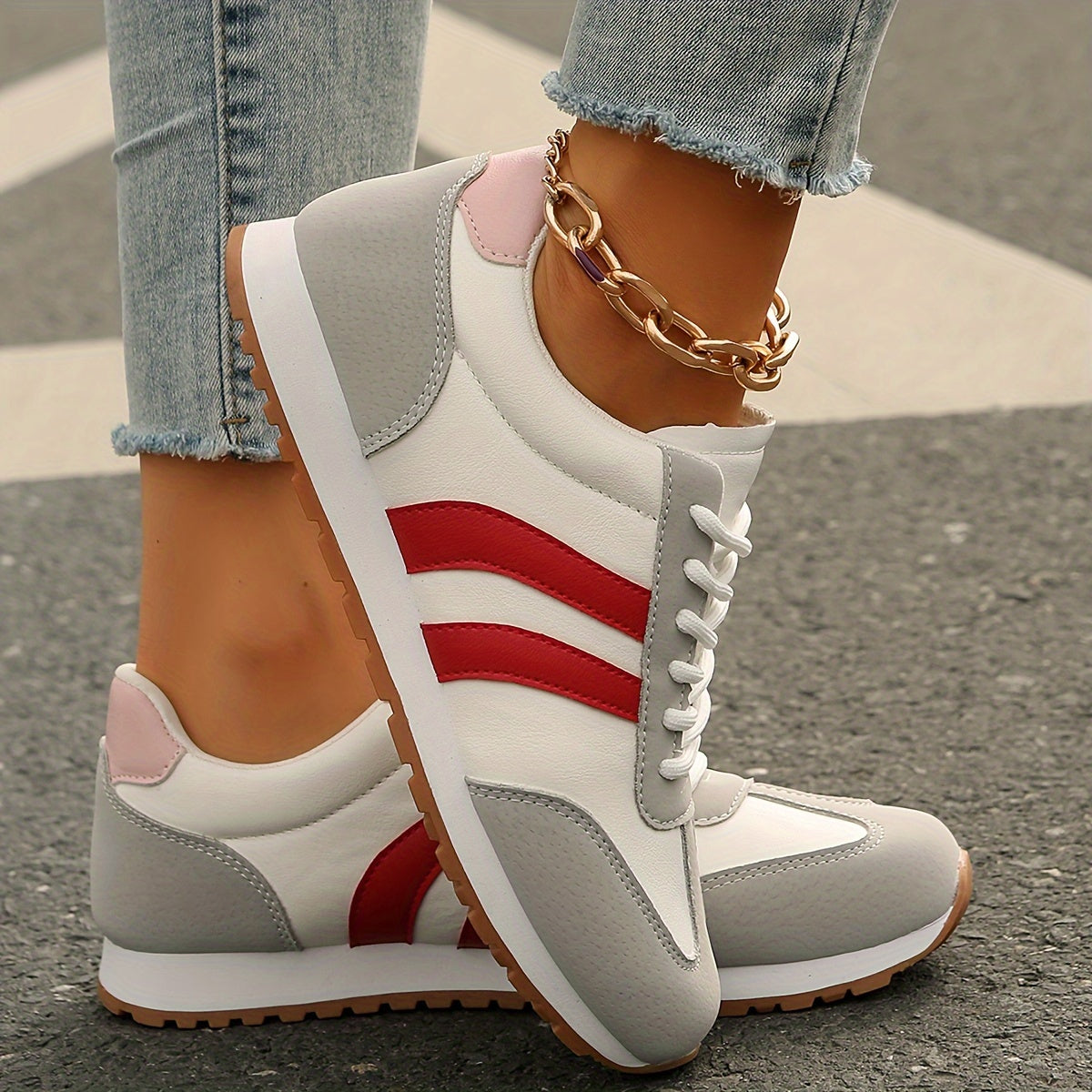 Women's Fashion Sneakers - Breathable & Lightweight, Lace-Up Casual Sneakers with Red & Blue Stripes, Comfortable Soft Sole