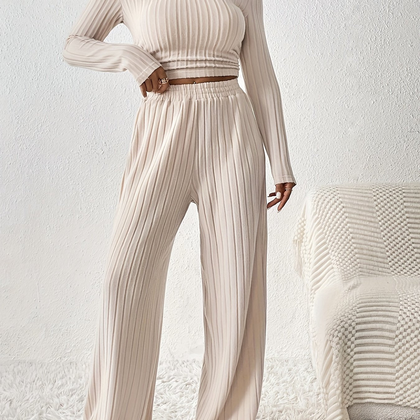 Casual Ribbed Solid Color Pants Set, Low Cut Neck Long Sleeve Crop Top & Elastic Waist Wide Leg Loose Pants, Women's Clothing