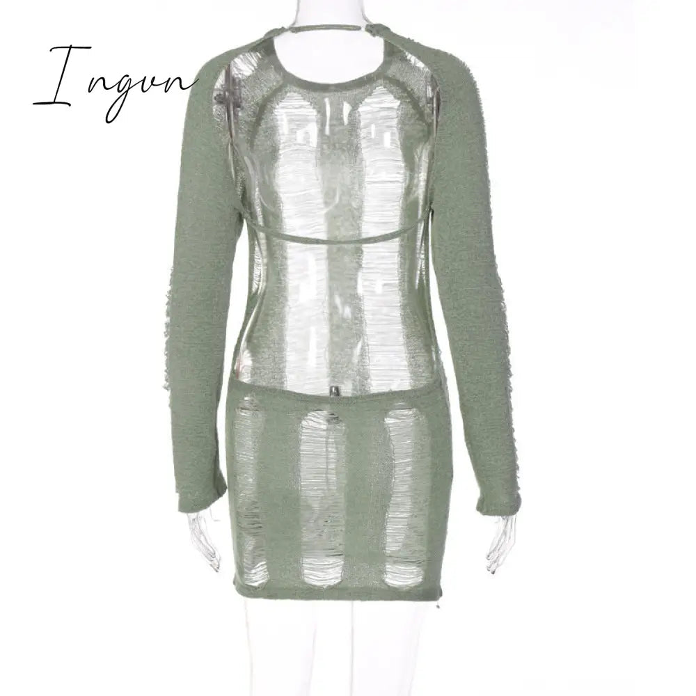 Ingvn - Fashion Trends Round Collar See Through Dress Women Sexy Long Sleeve Elegant Beachwear Hollow Out Backless Knitted Female Dress Summer