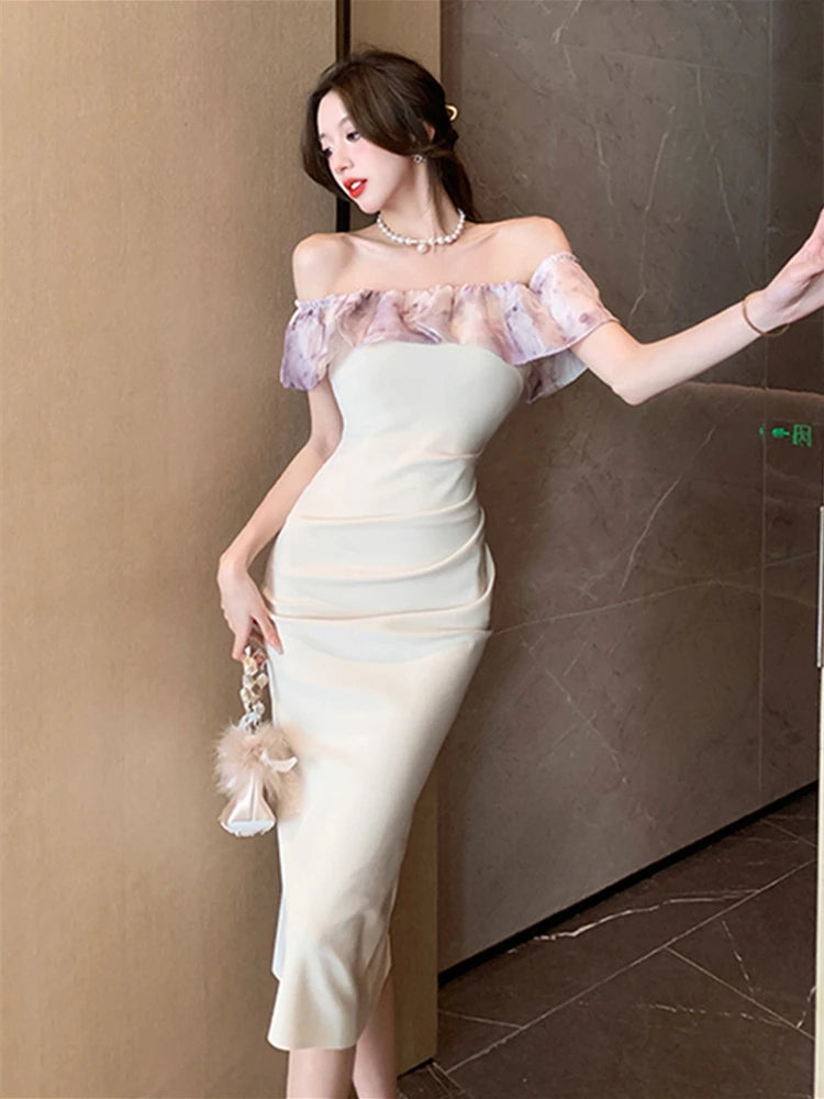 Women Summer Off Shoulder Sexy Backless Midi  Bodycon Dress Female Prom Party  Vestidos Clothes