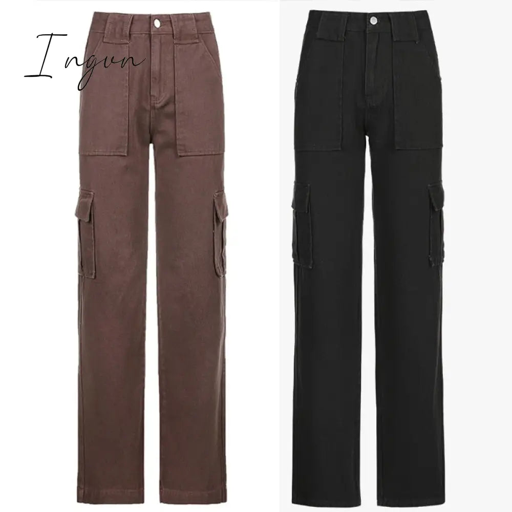 Ingvn - Brown Vintage Baggy Jeans Women 90s Streetwear