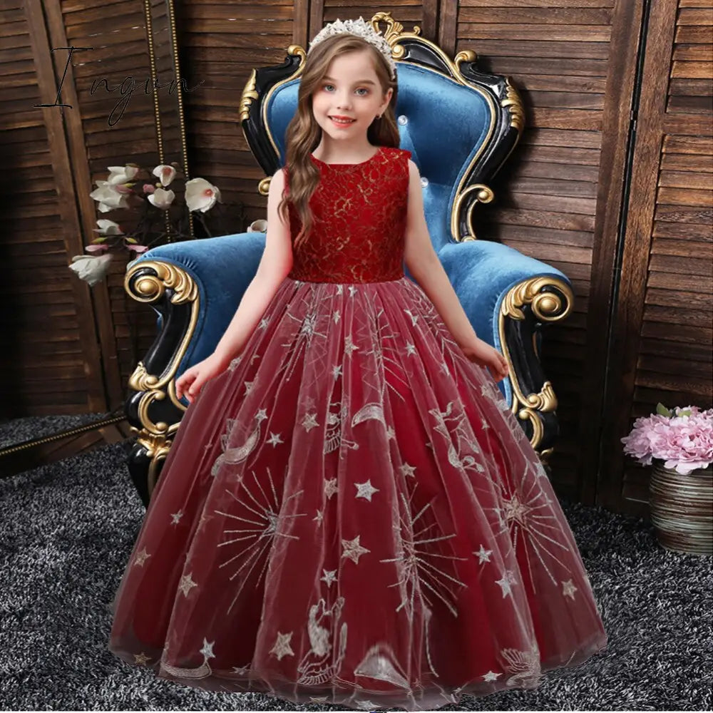 Ingvn - Summer Kids Princess Dress Girls Flower Embroidery Dress For Girls Vintage Wedding Party Formal Ball Gown Children Clothing