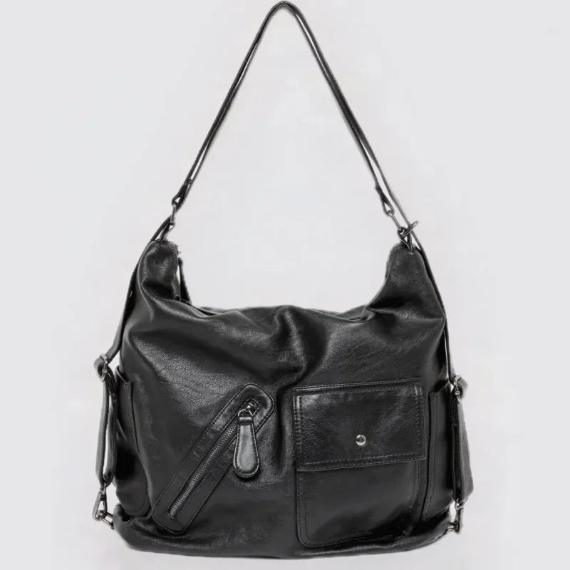 Ingvn  Black Vintage Womens Shoulder Bag Plain Luxury Motorcycle Messenger Bag Designer Large Capacity Multi-functional Backpacks