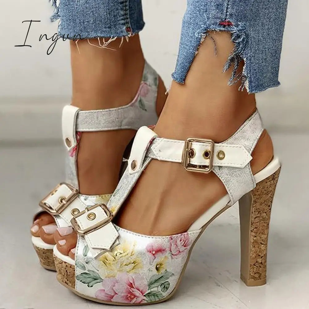 Ingvn - Flower Print Peep Toe Platform Chunky Heels