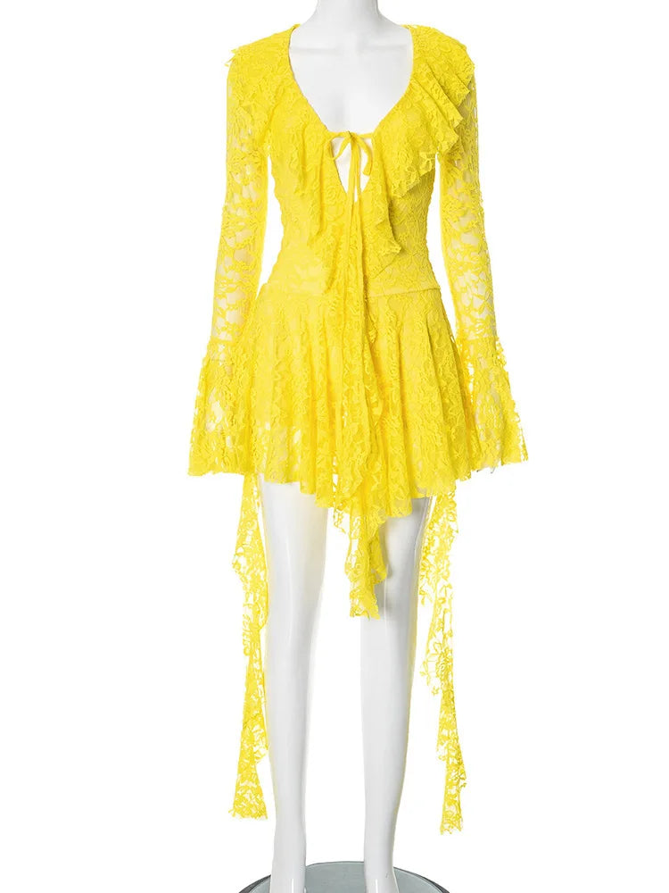 Lace Ruffled Sexy Mini Dress For Women Robe Deep V Neck Flare Long Sleeve Draped A-line Club Party Dress Vestido