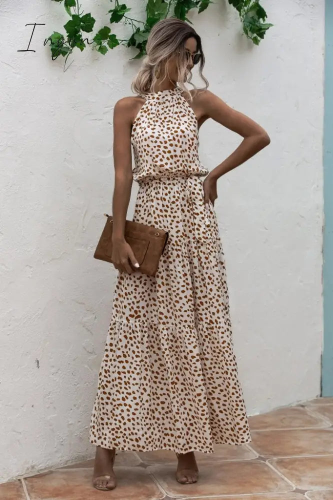 Ingvn - Summer Elegant  beach Women Dress long Print Flowers Polka-dot strap Ladies Halter boho Dress Vintage party ladies Dress