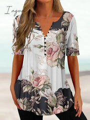Ingvn - Women's T shirt Tee Black White Navy Blue Floral Button Print Short Sleeve Holiday Weekend Tunic Basic Round Neck Regular Floral Painting S