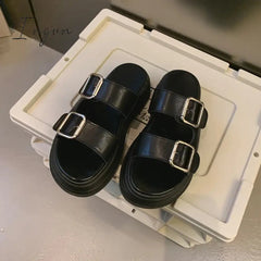 Women's Double Buckle Strap Platform Sandals, Casual Open Toe Flat Sandals, Comfortable Summer Shoes