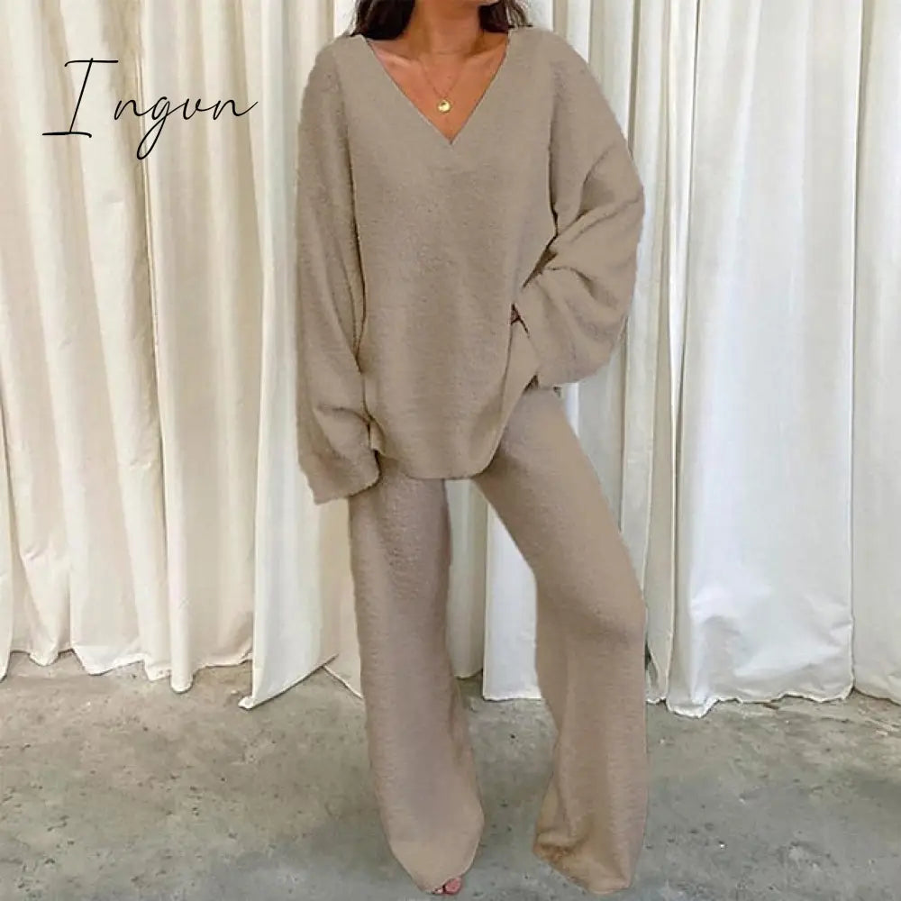 Ingvn - Women's  Lounge Sets 2 Pieces Solid Color Fleece Pajama V Neck Long Sleeve for Fall Winter White S 3XL