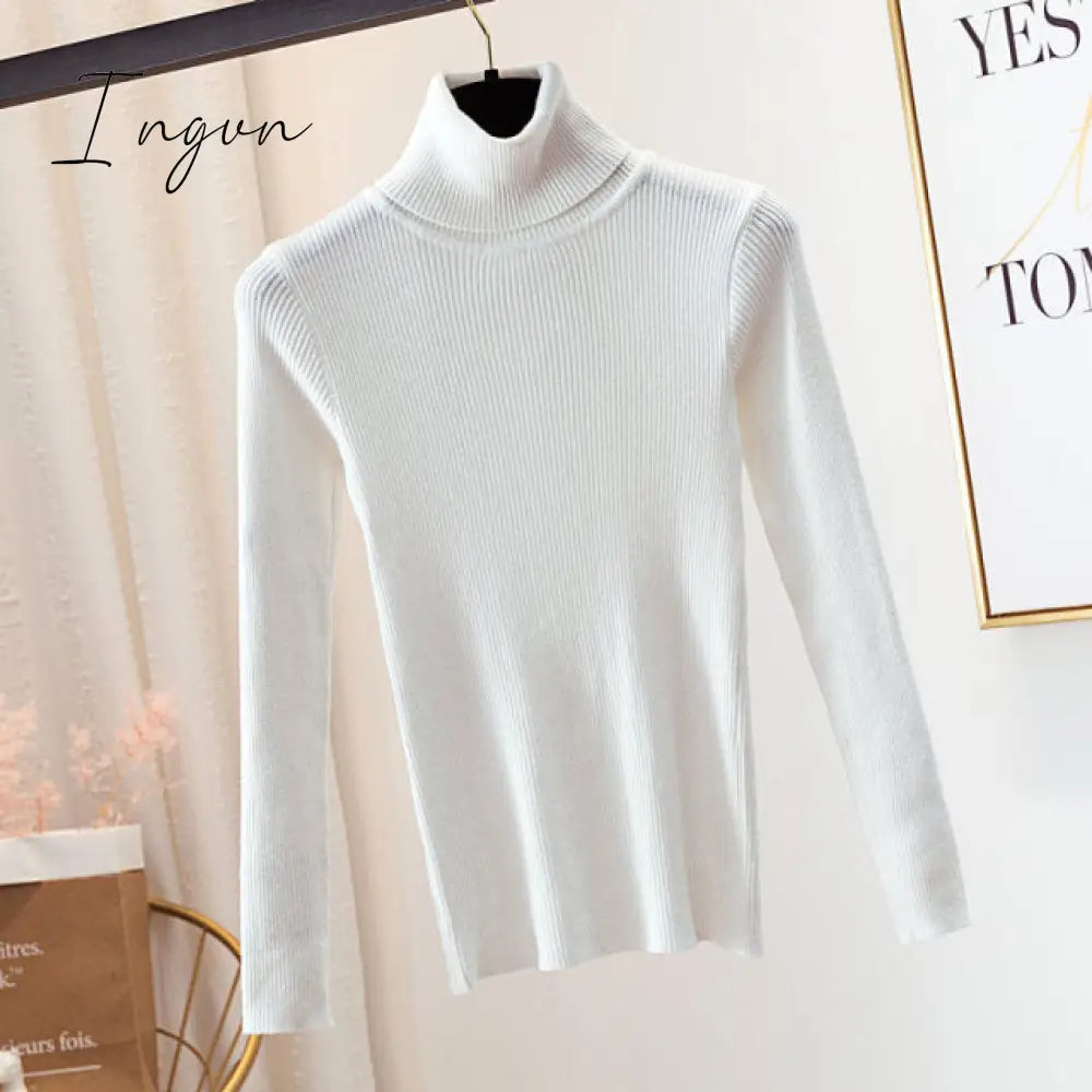 Ingvn - Autumn Winter Knitted Sweater Pullovers Turtleneck Sweater for Women Long Sleeve White Black Soft Female Jumper Clothing