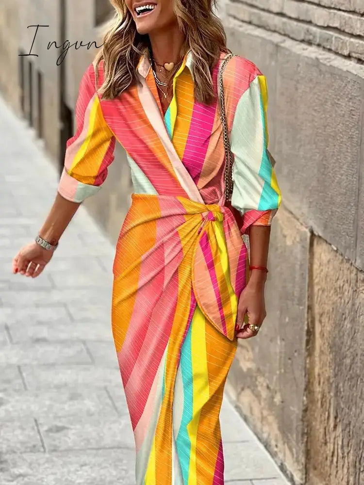 Ingvn - Ladies Elegant V-Neck Tie Waist Print Dress