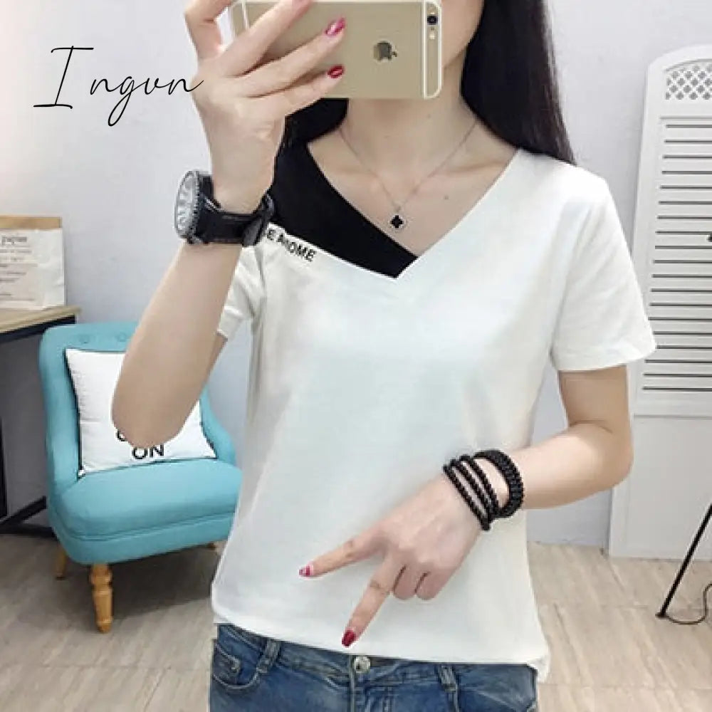 Ingvn - Fake Two Piece Tops Women T-Shirt Off Shoulder Tshirt Short Sleeve V-Neck Korea Fashion Summer Cotton Tee Shirt Femme