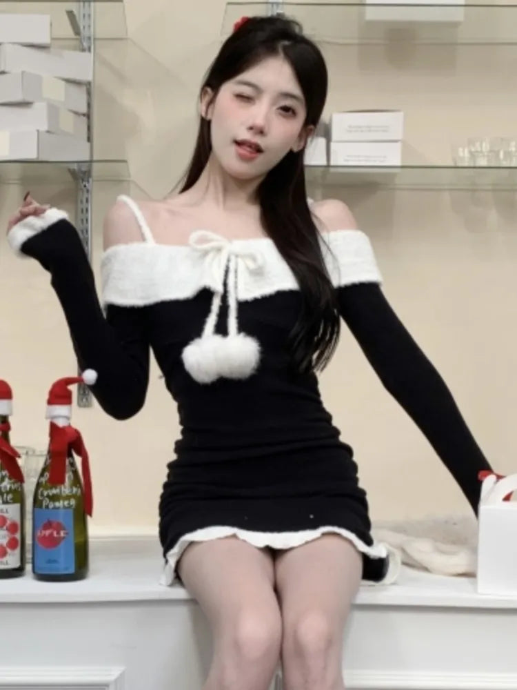 Kawaii Christmas Mini Dress Y2K Sweet Spaghetti Strap Slash Neck Birthday Party Dresses Vintage Bodycon Vestidos Female Outfits