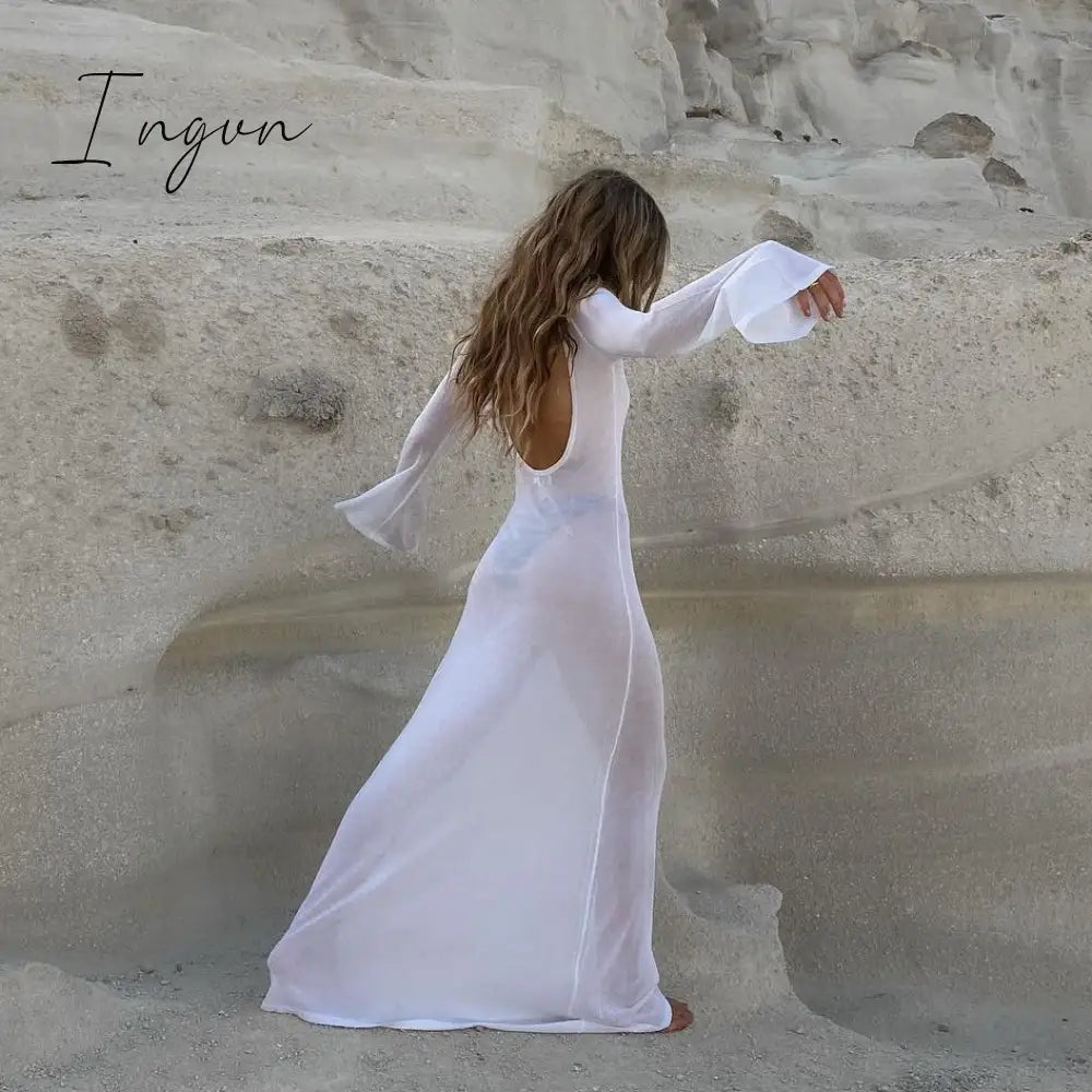 Ingvn - Mesh White Elegant Women Beach Long Dress Backless See Through Sexy Long Sleeve Spring Autumn Holiday Dresses 2023