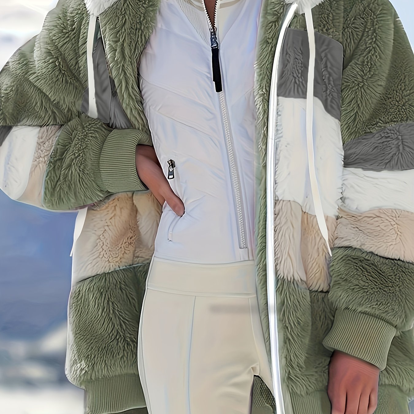 Fuzzy Color Block Coat, Casual Hooded Zip Up Drawstring Long Sleeve Outerwear, Women's Clothing