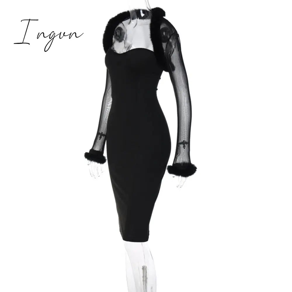 Ingvn - Black Villus Sexy Dress Women 2023 New Long Sleeve Bodycon Midi Autumn Winter Dress Elegant Club Party Dresses Vestido