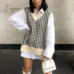 Ingvn - Fashion Women Knitted Vest Pullovers V Neck Sleeveless Houndstooth Knitted Jumper Pullovers Korean Loose Plaid Sweater Vest