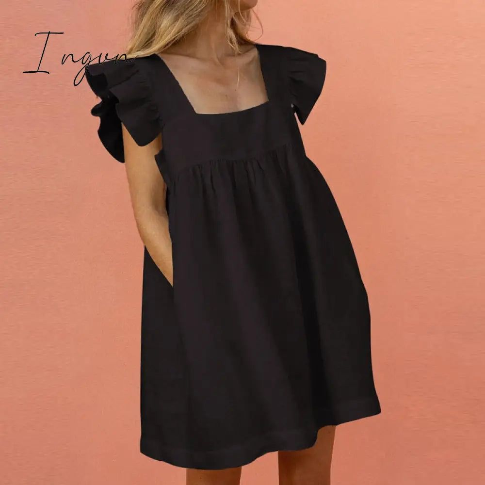 Ingvn - Elegant Butterfly Sleeve Ruffle Mini Dress Casual Square Collar Print Party Dress Women Summer Loose Pocket Beach Dress Vestidos