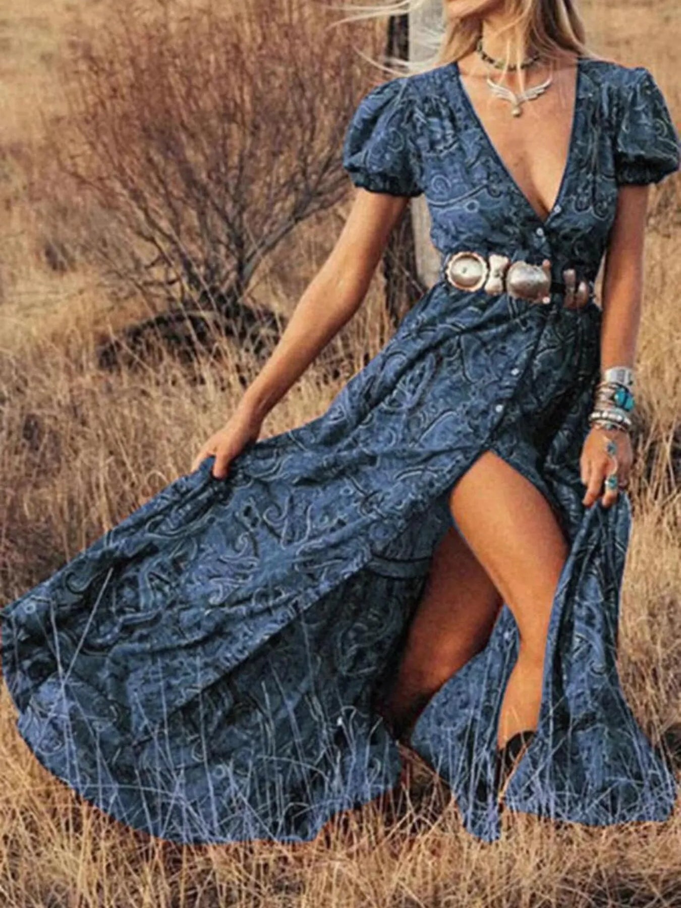 Full Size Printed Puff Sleeve Maxi Dress Plus Size
