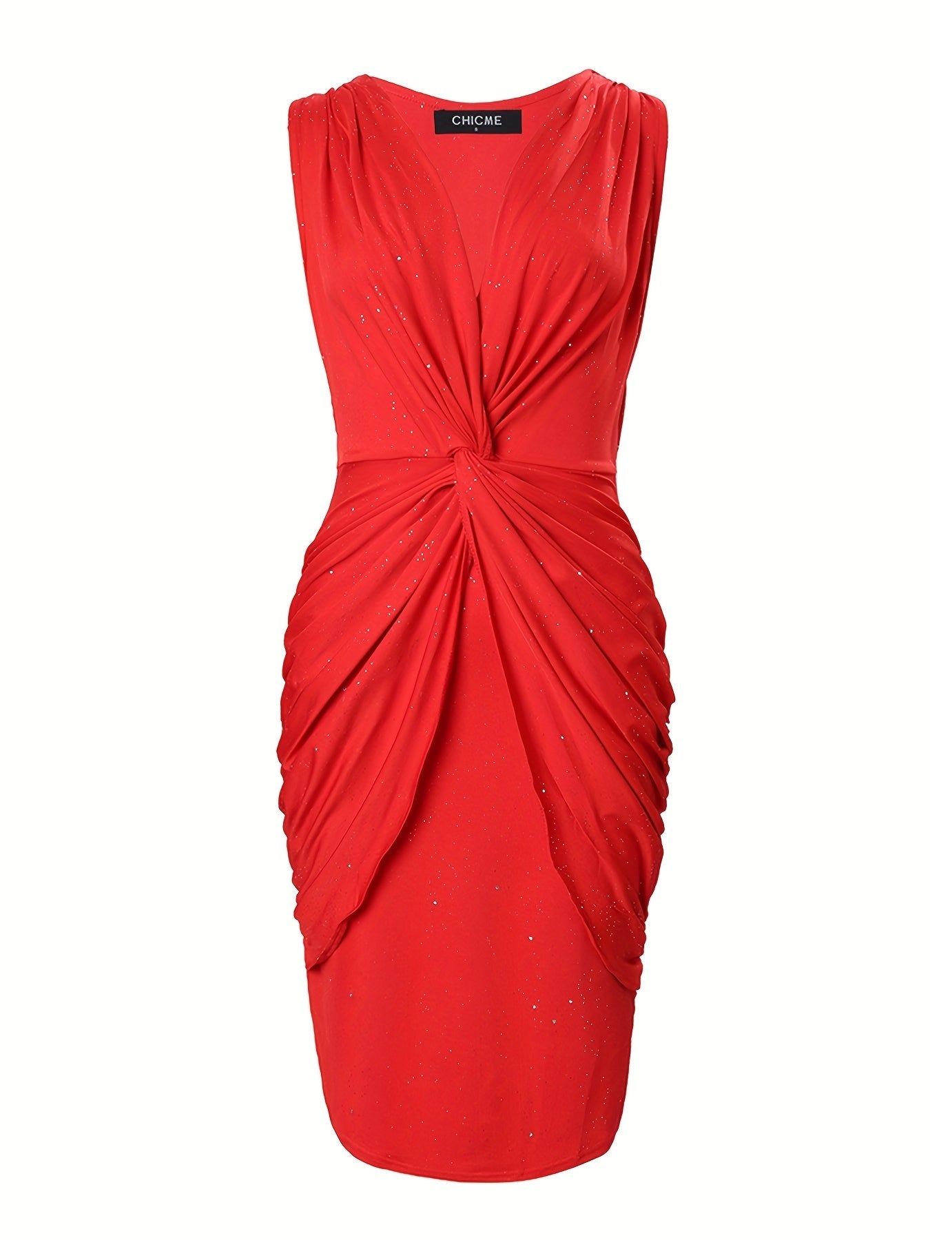 Chic Twist Front Ruched Bodycon Dress - Alluring Sleeveless V-Neckline, Figure-Enhancing Fit for Stylish Women