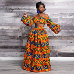 Ingvn - Elegant Women Two Piece Set Dress Sexy Slash-neck Sleeveless Blouse Top +High Slit Skirt Vintage Africa National Print Lady Suit