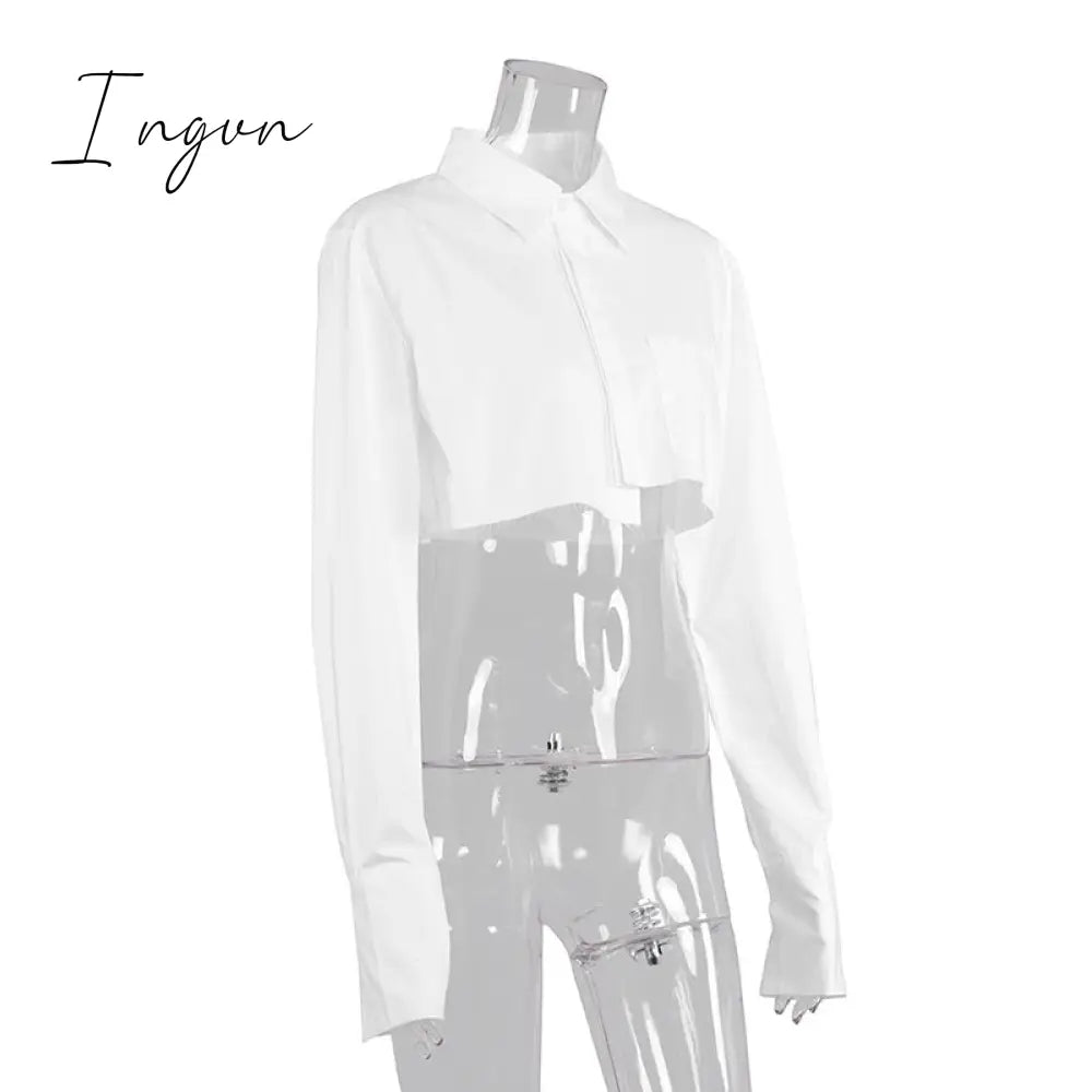 Ingvn - Sexy Crop Top Tassel Solid Color Shirt For Women Lapel Collar Long Sleeve Loose Oversized Shirts Female New