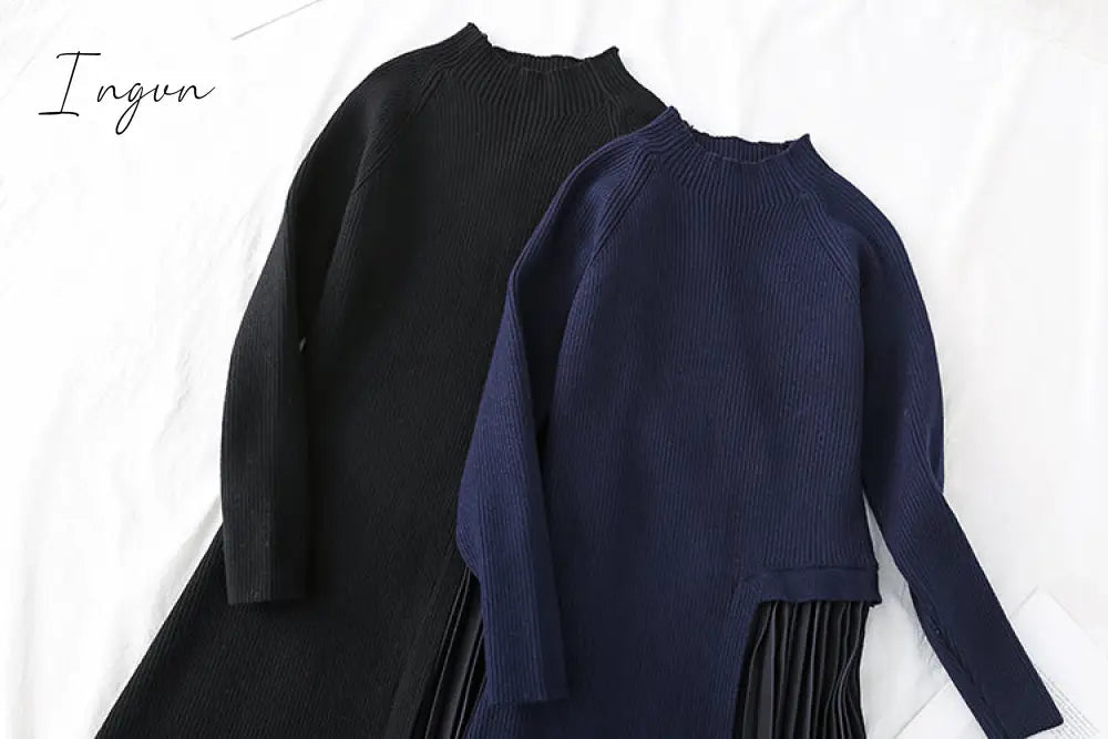 Ingvn - Autumn Winter Elegant Knitted Patchwork Gradient Pink Pleated Dress Women Long Sleeve Office One-Piece Sweater Dress With Belt