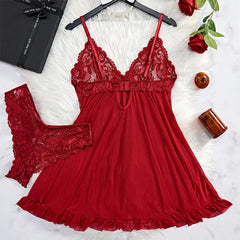 Y2K Summer new lace up Halter backless dress European and American sexy hollow pleated Hip Wrap SkirtThin Style G-string Contrast Lace Ruffle Trim Lingerie Set Deep V Slip Dress Thong Women's Sexy Lingerie Lencería Muj