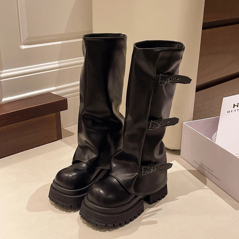 Ingvn  Vintage Belt Buckle Women Western Cowgirl Boots Fashion Platform Thick Heel Shoes Ladies Concise Long Botas De Mujer