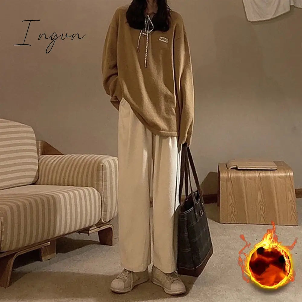 Ingvn - Ins Popular Corduroy Casual Pants Women Solid Tender Retro Wide Leg Trousers High Waist Harajuku Teenager Slouchy Simple Classic