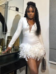 Ingvn - Deep V Neck Feather Mini Dress Women Robe Autumn New Long Sleeve Zipper Bodycon Sexy Party Evening Dresses Clothes