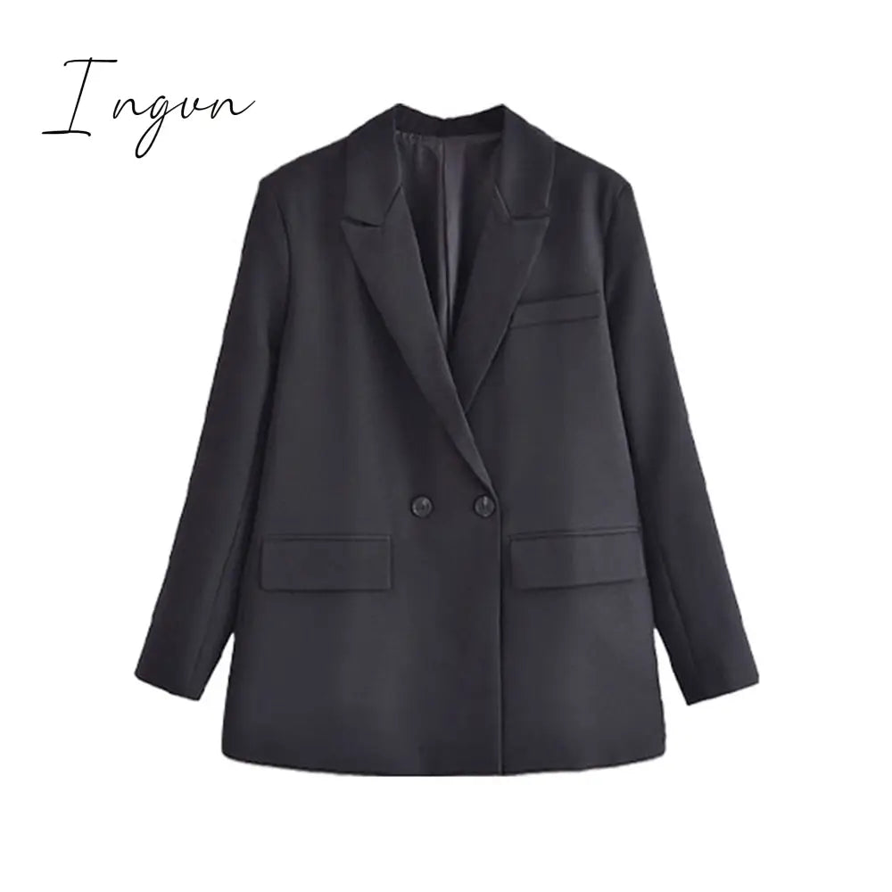Ingvn - Women Fashion Solid Double Breasted Blazers Female Elegant Long Sleeves Loose Jacket Coats Office Ladies Outerwear Top