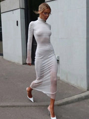 Ingvn  Autumn Winter Striped See-through Knitted Long Dress Streetwear Sexy Women's Half High Collar Bodycon Evening Party Dresses