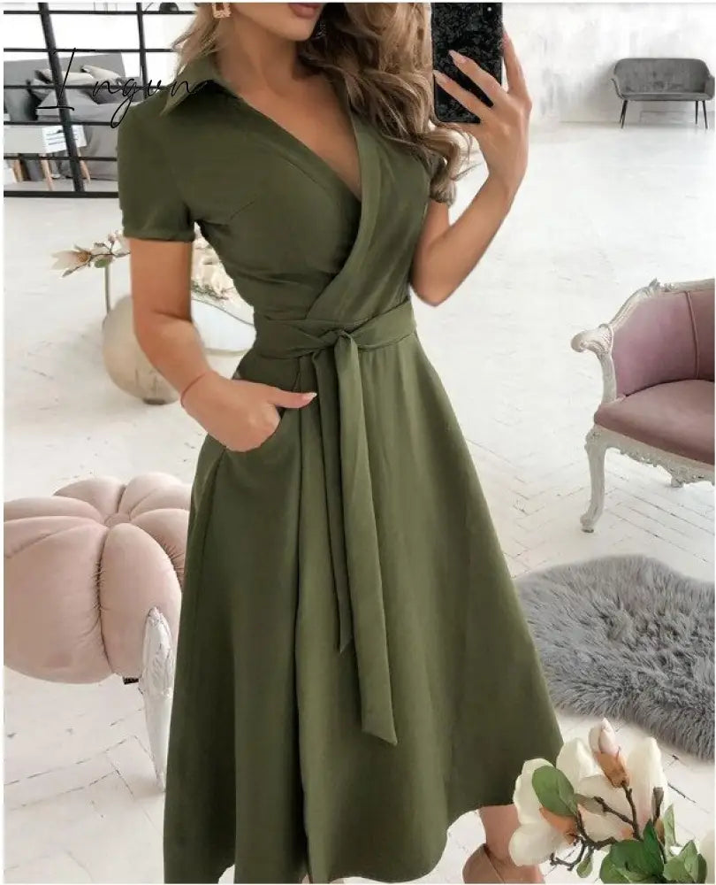 Ingvn - Spring and Summer Fashion New Party Dress Short-sleeved V-neck Retro Dress with Printed Belt